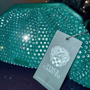 Dark Green Vince Camuto Genuine Leather Rhinestone Studded Crossbody Bag NWT